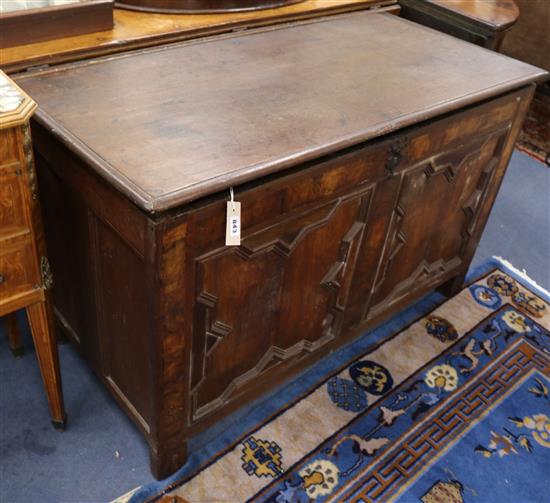 An antique oak and walnut coffer W.118cm